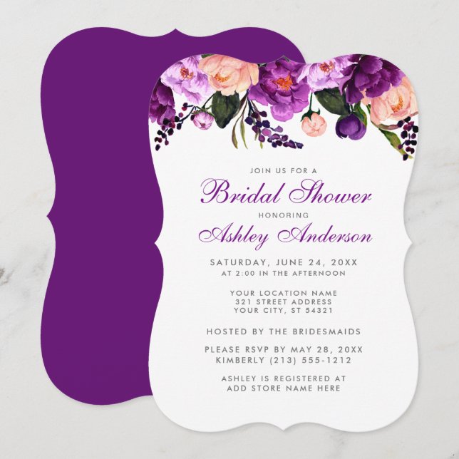 Bridal Shower Purple Silver Floral Invite BP (Front/Back)
