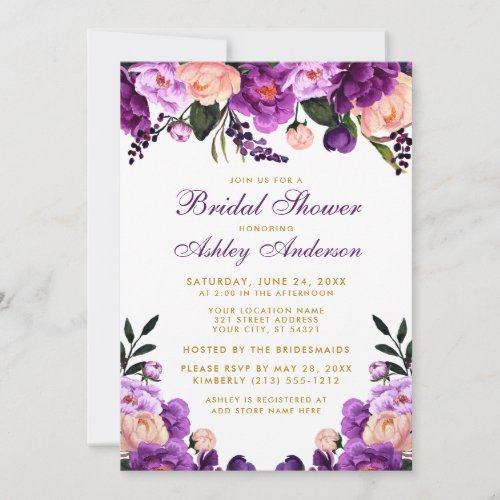 Bridal Shower Purple Violet Floral Gold Invite