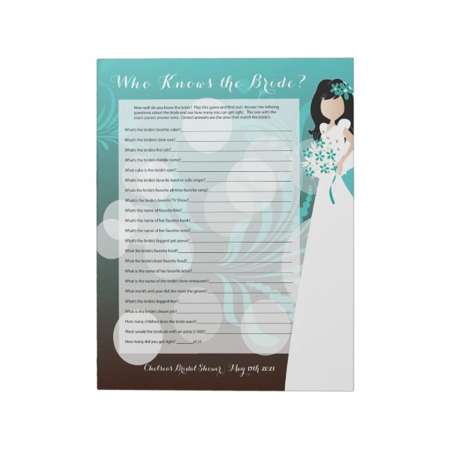 Bridal Shower Purse Game - Turquoise & Choc Sheets Notepad (Rotated)