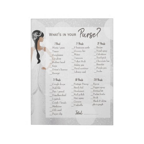 Bridal Shower Purse Game _  White Glitter Notepad