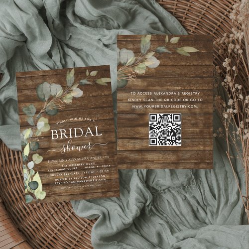 Bridal Shower QR Code Eucalyptus Rustic Wood Invitation