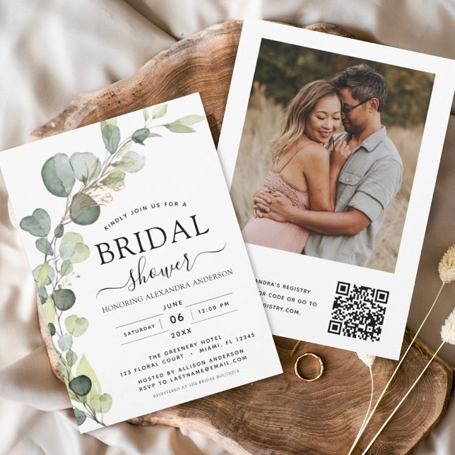 Bridal Shower QR Code Photo Eucalyptus Greenery  Invitation (Creator Uploaded)