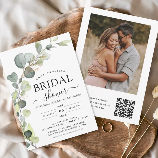 Bridal Shower QR Code Photo Eucalyptus Greenery Invitation | Zazzle