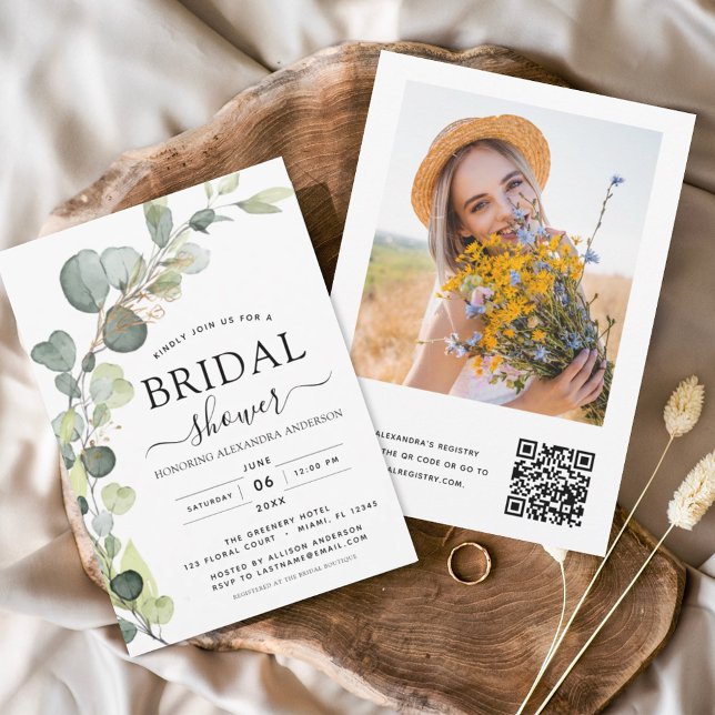 Bridal Shower QR Code Photo Eucalyptus Greenery  Invitation (Creator Uploaded)