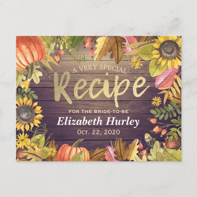 Bridal Shower Recipe Autumn Maple Leaves Pumpkins Invitation Postcard (Front)