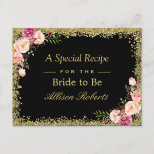 Bridal Shower Recipe Black Gold Glitters Floral Postcard