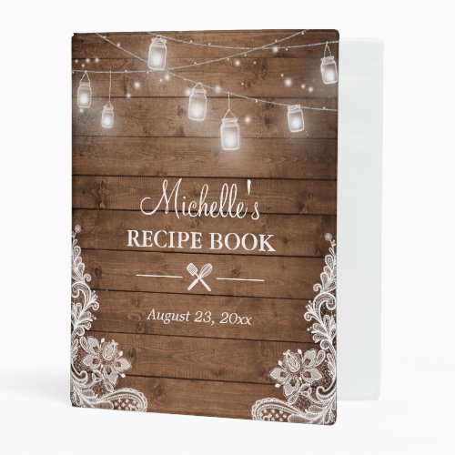 Bridal Shower Recipe Book  Mason Jar Lights Lace Mini Binder