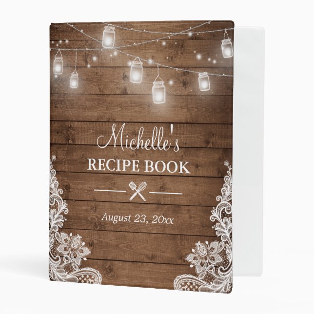 Bridal Shower Recipe Book | Mason Jar Lights Lace Mini Binder (Front/Inside)