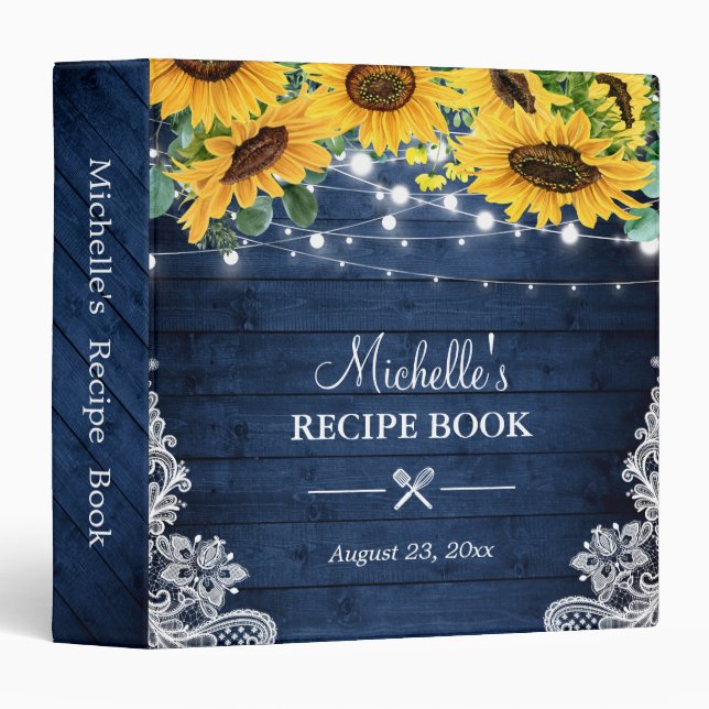 Bridal Shower Recipe Book Rustic Navy Sunflowers 3 Ring Binder (Front/Spine)