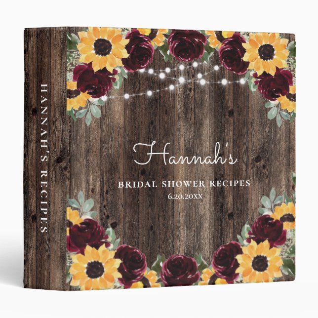Bridal Shower Recipe Book Sunflower and Roses 3 Ring Binder (Front/Spine)
