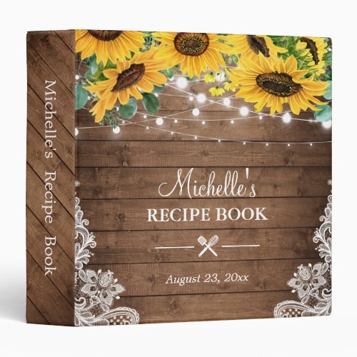 Bridal Shower Recipe Book Sunflower String Lights 3 Ring Binder - Bridal Shower Recipe Book | Rustic Sunflower String Lights Lace Binder
(1) For further customization, please click the "customize further" link and use our design tool to modify this template. 
(2) If you need help or matching items, please contact me.