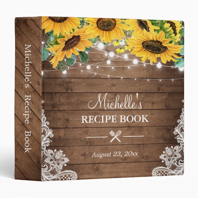 Bridal Shower Recipe Book Sunflower String Lights 3 Ring Binder (Front/Spine)