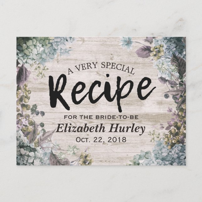 Bridal Shower Recipe Botanical Floral Rustic Wood Invitation Postcard (Front)