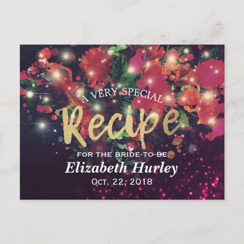 Bridal Shower Recipe Burgundy Floral String Lights Invitation Postcard