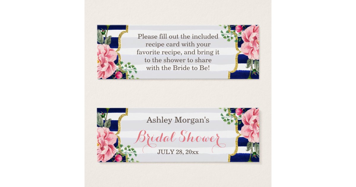 Bridal Shower Recipe Card Poem Floral Navy Stripes | Zazzle