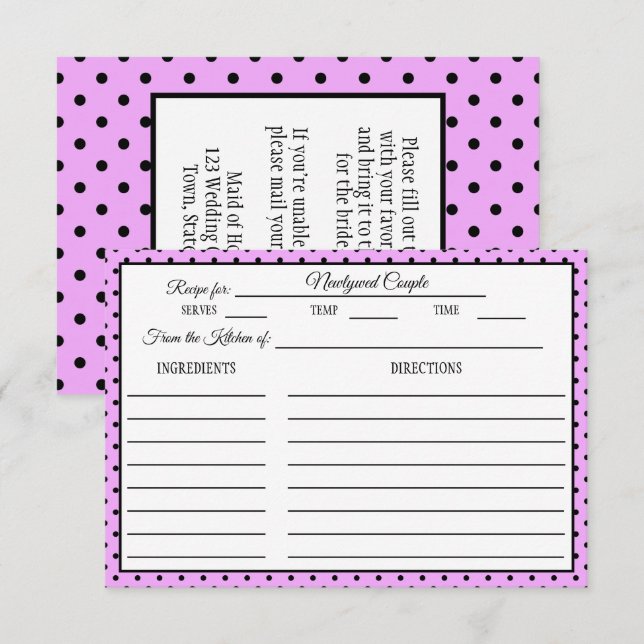 Bridal Shower Recipe Card Polka Dot Lavender (Front/Back)
