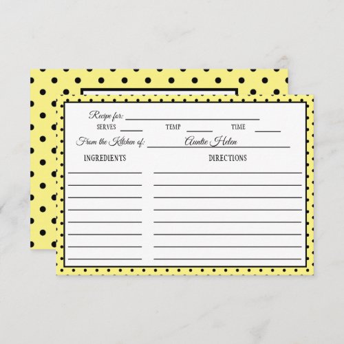 Bridal Shower Recipe Card Polka Dot Lemon Yellow
