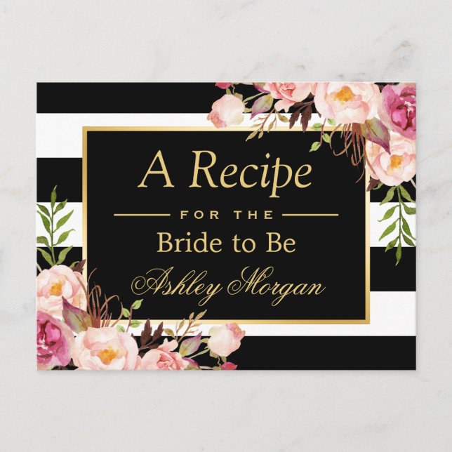 Bridal Shower Recipe Card Vintage Floral Stripes (Front)