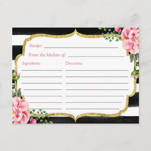 Bridal Shower Recipe Card Watercolor Floral Stripe