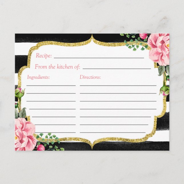 Bridal Shower Recipe Card Watercolor Floral Stripe (Front)