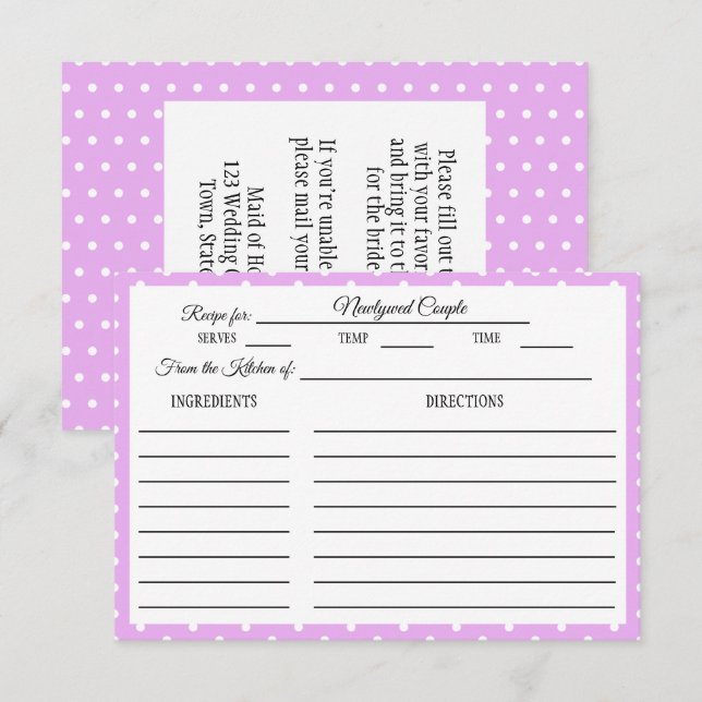 Bridal Shower Recipe Card White Polka Dot Lavender (Front/Back)