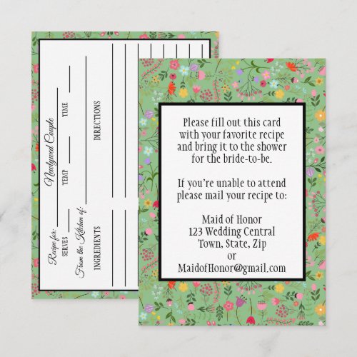 Bridal Shower Recipe Card Wildflowers Garden Green