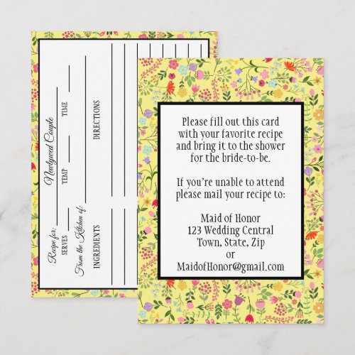Bridal Shower Recipe Card Wildflowers on Yellow