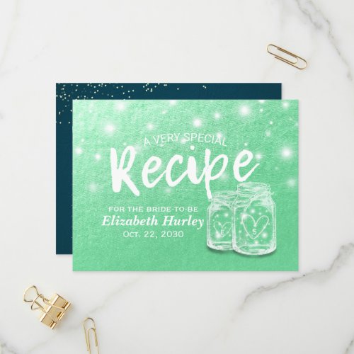 Bridal Shower Recipe Couple Mason Jars Green Gold Invitation Postcard