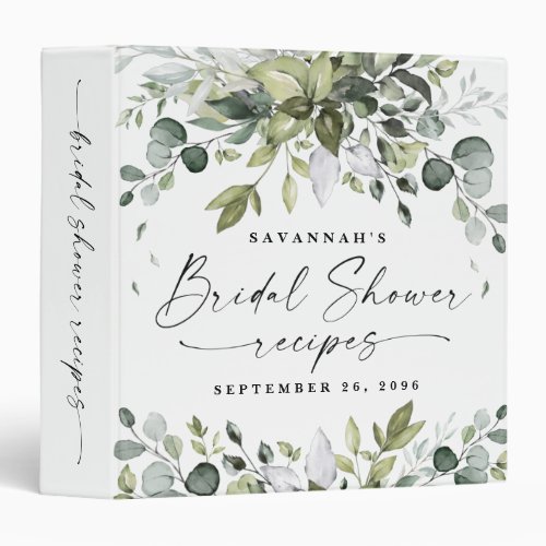 Bridal Shower Recipe Greenery Watercolor Keepsake 3 Ring Binder - Design features elegant watercolor greenery eucalyptus, olive branches, and other leafy elements. "Bridal Shower" is printed in a modern stylish font surrounded by a few small falling leaves.  Back features a matching graphic design and the spine features the same script that states, "bridal shower recipes" for easy identification on bookshelves.