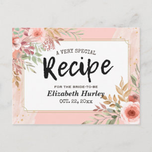Bridal Shower Recipe Modern Elegant Pink Flowers Invitation Postcard