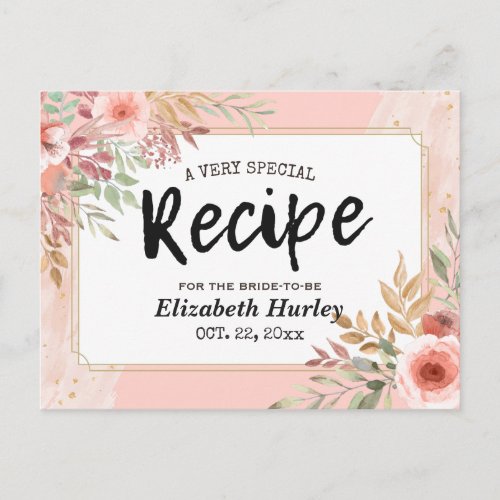 Bridal Shower Recipe Modern Elegant Pink Flowers Invitation Postcard