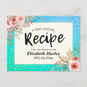 Bridal Shower Recipe Pink Floral Teal & Gold Polka Invitation Postcard