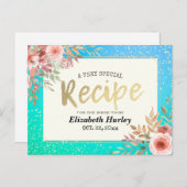 Bridal Shower Recipe Pink Floral Teal & Gold Polka Invitation Postcard (Front/Back)