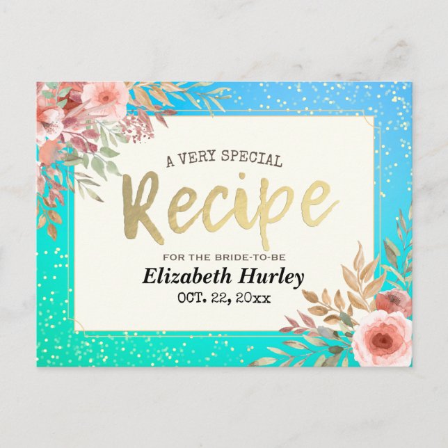 Bridal Shower Recipe Pink Floral Teal & Gold Polka Invitation Postcard (Front)
