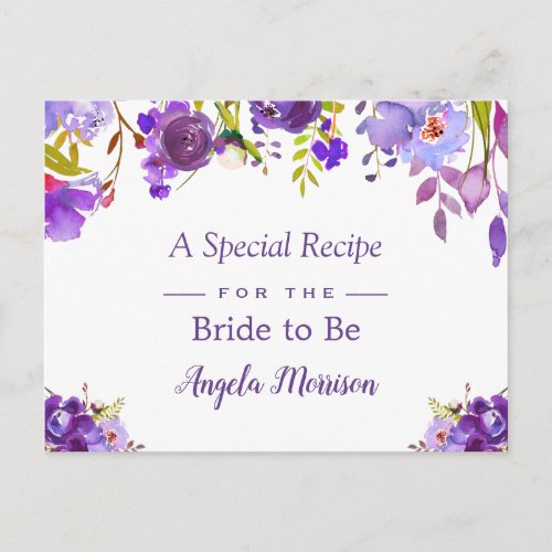 Bridal Shower Recipe Purple Violet Flowers Postcard - Customize this "Watercolor Purple Violet Flowers Bridal Shower Recipe Card" to add a special touch. It's easy to personalize to match your colors and styles. 
(1) For further customization, please click the "customize further" link and use our design tool to modify this template. 
(2) If you need help or matching items, please contact me.