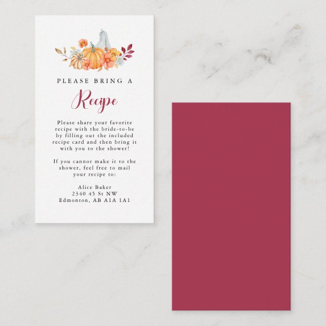Bridal Shower Recipe Request Card Fall Pumpkin (Front/Back)