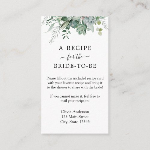 Bridal Shower Recipe Request Enclosure Card