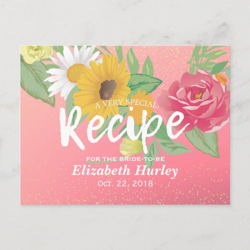 Bridal Shower Recipe Rose Flower Pink Gold Glitter Invitation Postcard