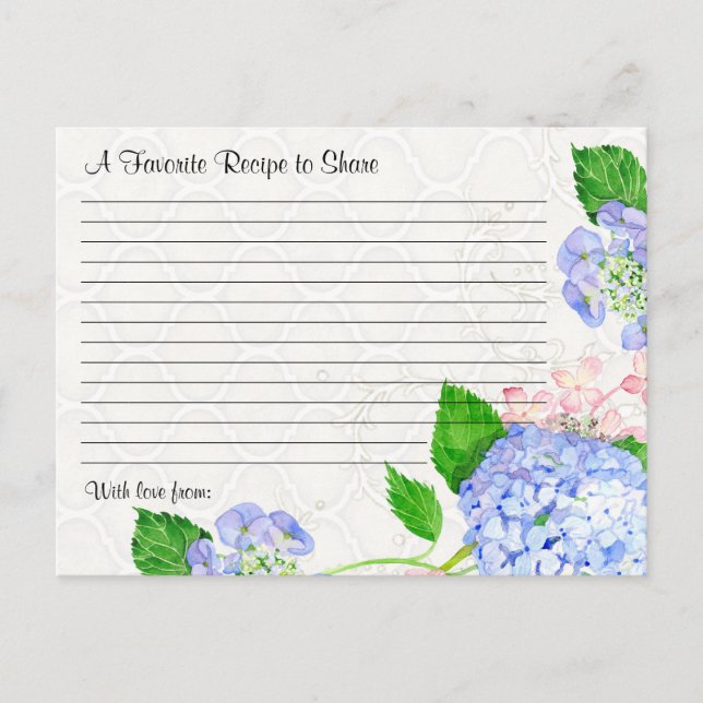 Bridal Shower Recipe Share Blue Hydrangea Floral Postcard (Front)