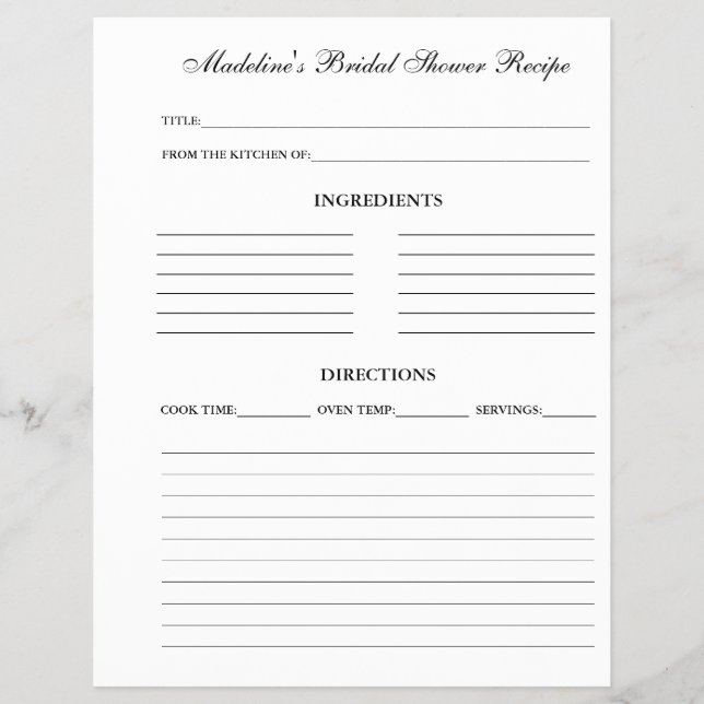 Bridal Shower Recipe Sheet for Binders (Front)