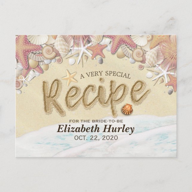 Bridal Shower Recipe Summer Sandy Beach Starfish Invitation Postcard (Front)