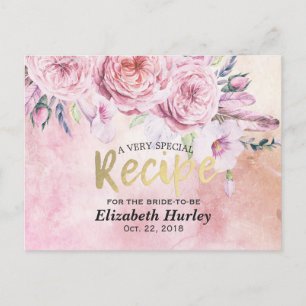 Bridal Shower Recipe Watercolor Floral & Feathers Invitation Postcard