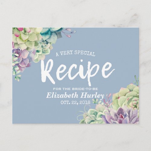 Bridal Shower Recipe Watercolor Succulent Plants Invitation Postcard