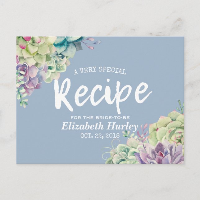 Bridal Shower Recipe Watercolor Succulent Plants Invitation Postcard (Front)