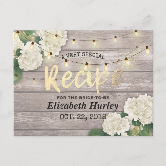 Bridal Shower Recipe Wood Floral String Lights Invitation Postcard (Front)