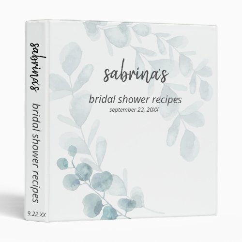 Bridal Shower Recipes Dusty Blue Watercolor 3 Ring Binder