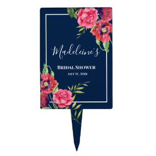 Bridal Shower Red and Pink Flowers Dark Navy Cake Topper