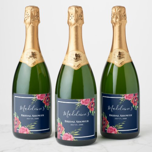 Bridal Shower Red and Pink Flowers Dark Navy Sparkling Wine Label