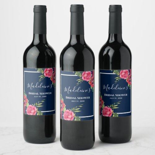 Bridal Shower Red and Pink Flowers Dark Navy Wine Label