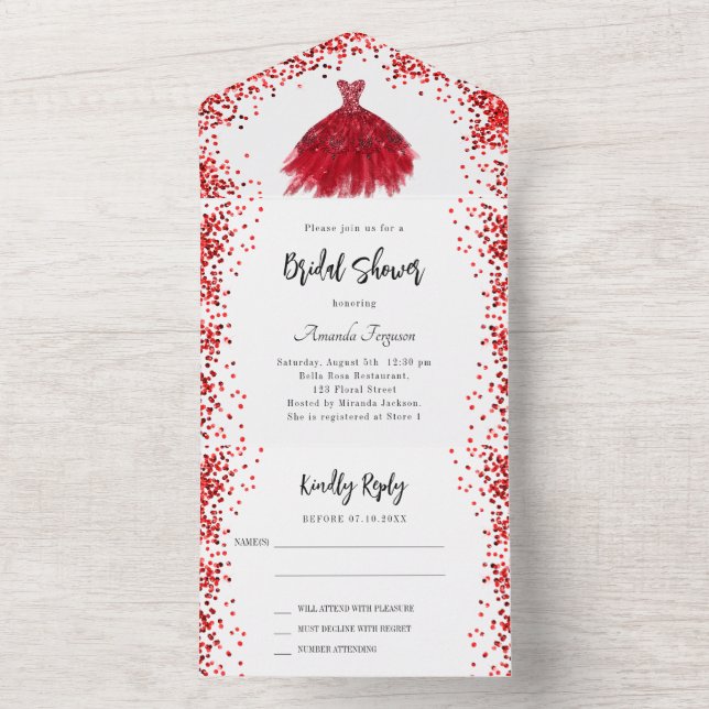 Bridal Shower red dress white RSVP All In One Invitation | Zazzle Bridal Shower red dress white RSVP All In One Invitation | Zazzle